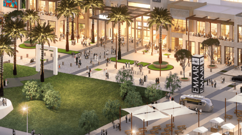Illustration d'un centre commercial animé en plein air au crépuscule à Dubaï avec des palmiers, des allées bondées, des magasins variés, des stands de nourriture et un tramway qui passe.