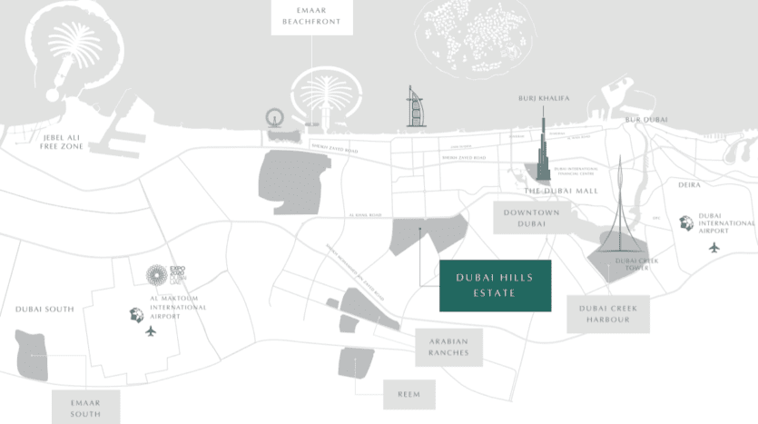 Carte mettant en évidence les zones clés de Dubaï, notamment le centre-ville de Dubaï, les collines de Dubaï et le port de Dubai Creek, avec des monuments emblématiques comme Burj Khalifa indiqués à l'aide de symboles.