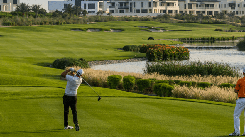 Un golfeur en chemise blanche balance un club sur le parcours de golf verdoyant de Dubai Hills avec un compagnon en observation orange, avec un fond pittoresque avec de l'eau et un aménagement paysager.