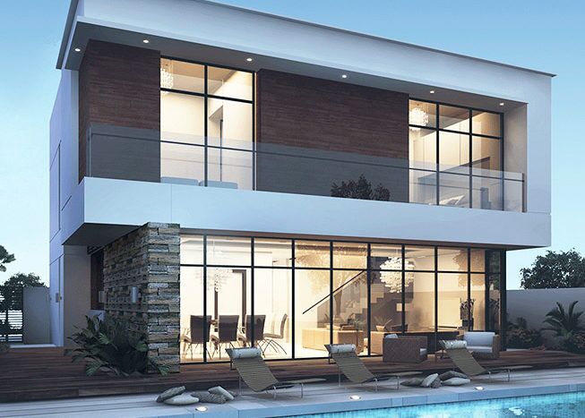 Maison moderne à deux étages située dans les collines de Damac avec de grandes fenêtres, une piscine au premier plan et des intérieurs éclairés au crépuscule. L'architecture combine des éléments de blanc, de verre et de bois.