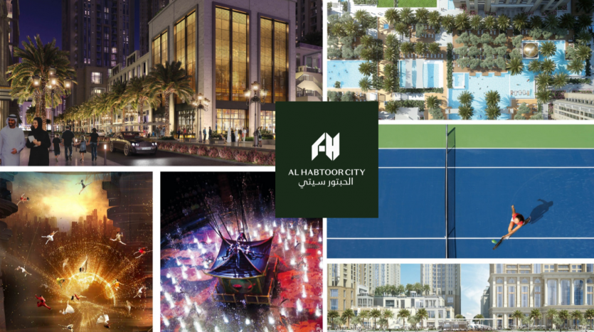 Collage presenting the Amna Tower with the attractions of the city of Al Habtoor: lively streetscape at night, luxurious aerial view of the swimming pool, kayaker on a blue river, aerial fireworks and vibrant lighting.