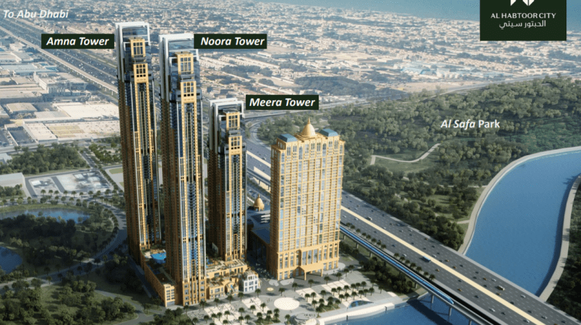 An illustrated aerial view of the city of Al Habtoor in Dubai, showing three high-rise buildings (Amna Tower, Noora Tower, Meera Tower) next to the Dubai Canal, with labels and directions.