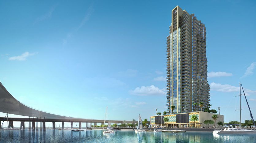 Une oasis urbaine moderne près du gratte-ciel Missoni à côté d'un plan d'eau avec un pont sur la gauche. Le bâtiment dispose de balcons ornés de verdure, et il y a des bateaux et des palmiers