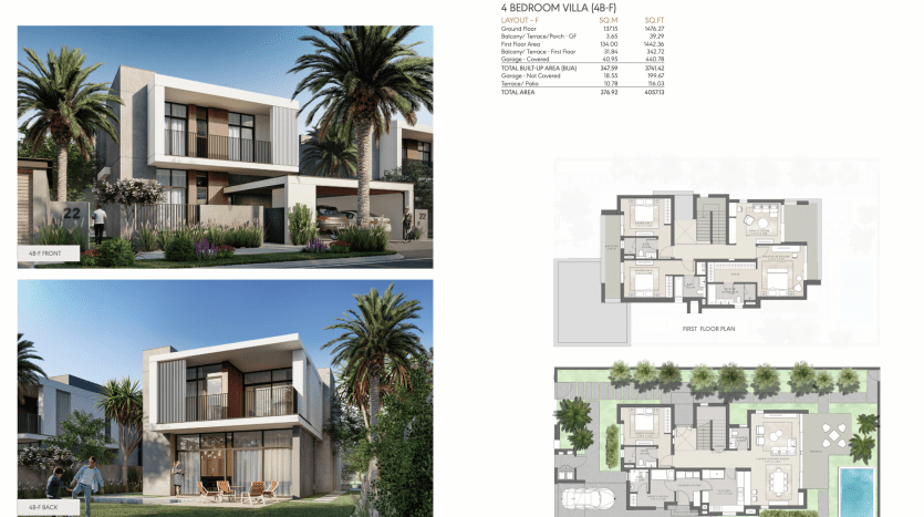 Rendu architectural d'une villa moderne de quatre chambres à Al Furjan avec plans d'étage extérieurs et intérieurs. La conception présente un bâtiment de deux étages doté de grandes fenêtres et d’un style minimaliste, entouré de palmiers.