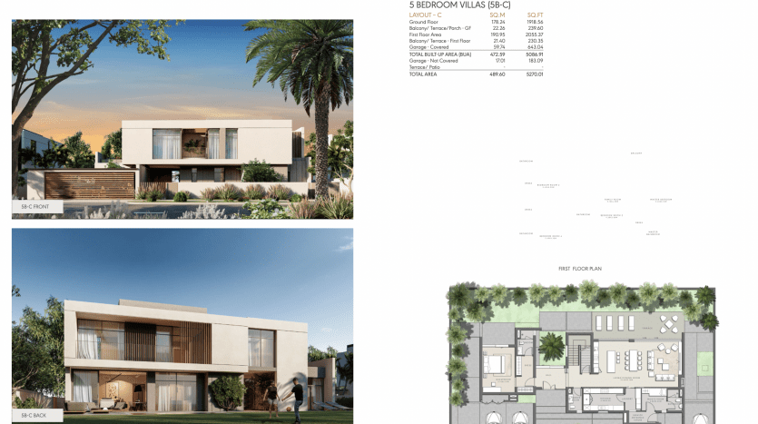 Présentation architecturale d'une villa de cinq chambres nommée « tical al furjan » avec rendus extérieurs et plans d'étage détaillés. Les conceptions montrent un bâtiment moderne à toit plat entouré d’un aménagement paysager.