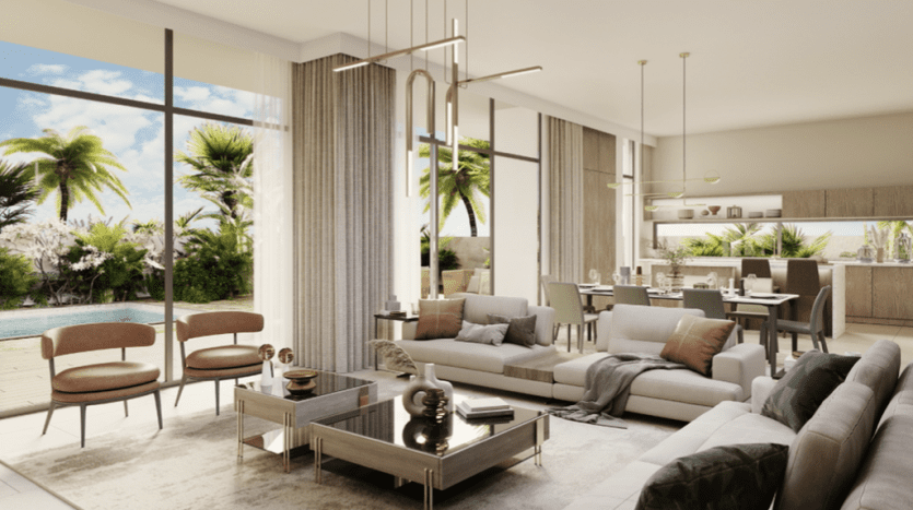 Intérieur de salon moderne avec de grandes fenêtres en verre donnant sur un paysage tropical, doté d'un mobilier élégant, d'une palette de couleurs neutres et de suspensions.