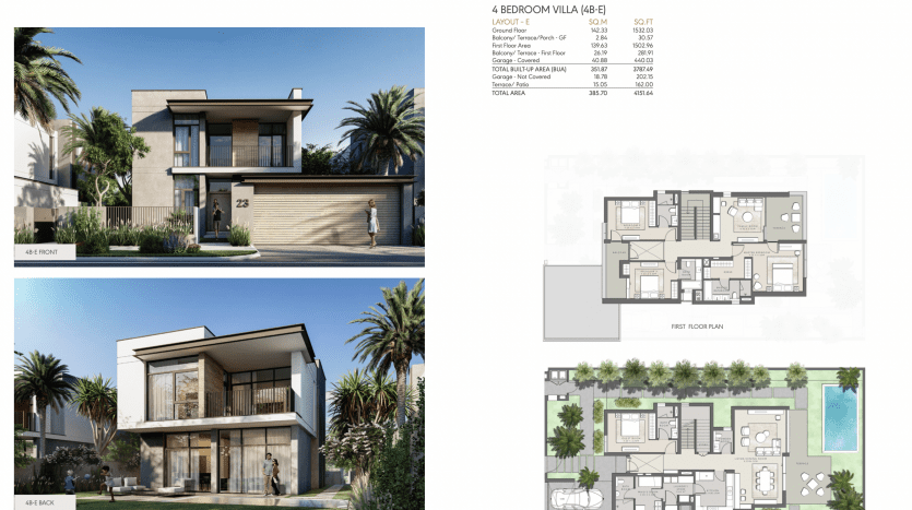 Présentation architecturale d'une villa de quatre chambres à Al Furjan, avec deux vues extérieures et des plans d'étage détaillés pour le rez-de-chaussée et le premier niveau, avec des pièces et des mesures étiquetées.