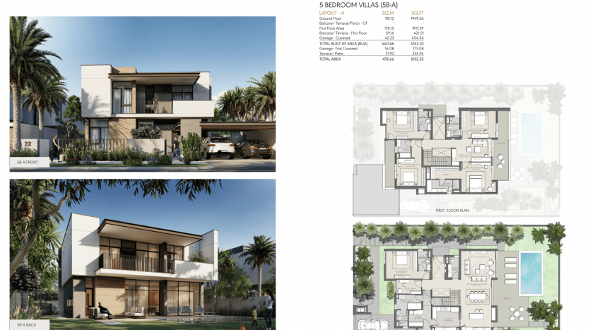 Présentation architecturale d'une villa de cinq chambres à Dubaï, avec vues extérieures et plans d'étage détaillés pour les deux niveaux. La conception comprend de grandes fenêtres, des balcons et un paysage environnant avec des palmiers.
