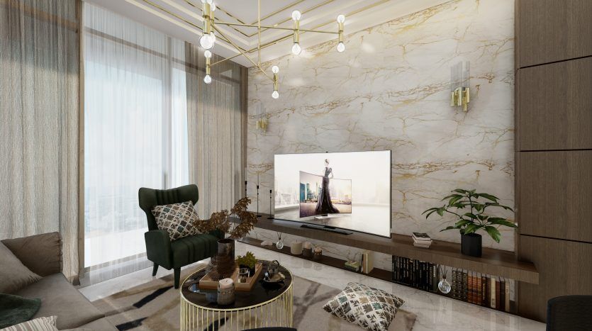 Salon luxueux doté de murs en marbre, d'une grande fenêtre avec des rideaux transparents, d'un mobilier moderne dont un canapé gris et des fauteuils verts, ainsi que d'un lustre géométrique inspiré des vagues de Samana à Dubaï.
