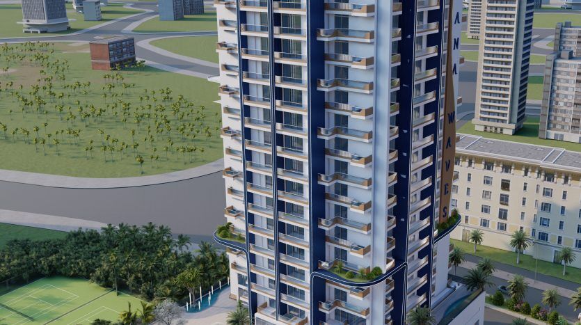 Rendu 3D de Samana Waves à Dubaï, un immeuble résidentiel moderne de grande hauteur à l'architecture incurvée, doté d'une piscine sur le toit et entouré d'un aménagement paysager luxuriant et d'autres bâtiments urbains.