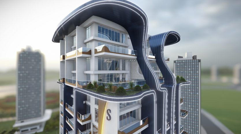 Un immeuble futuriste de grande hauteur avec des motifs bleus ondulés et de vastes balcons, posé sur un ciel nuageux et entouré d'autres gratte-ciel à Samana Waves, Dubaï.