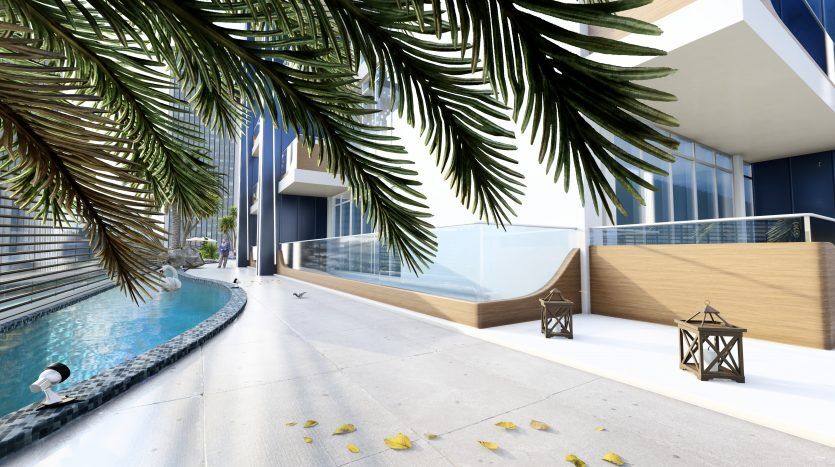Espace piscine extérieure moderne d'un hôtel de luxe avec un design architectural élégant, des palmiers, des chaises longues et le paisible Samana Waves Dubai sous un ciel dégagé.