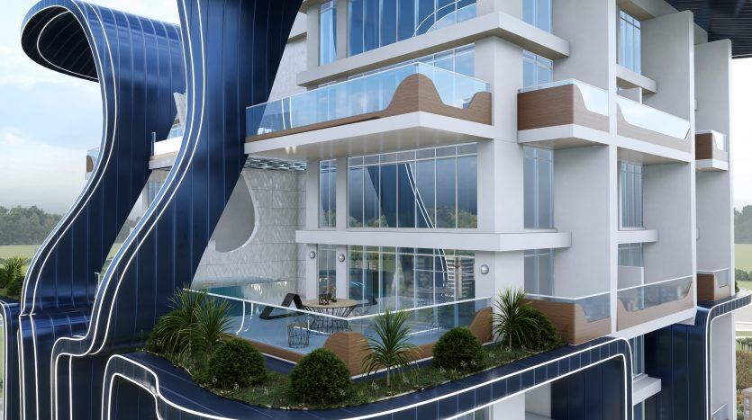 Un bâtiment architectural moderne à Samana Waves Dubaï, présentant un design futuriste avec des éléments bleus fluides et de grandes fenêtres en verre. Le bâtiment dispose de plusieurs balcons et est entouré d'une verdure luxuriante.