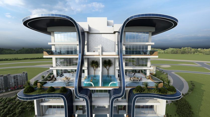 Un bâtiment futuriste au design moderne et symétrique, doté de grandes fenêtres en verre, de balcons proéminents avec piscines au Samana Waves Dubai et entouré d'une verdure luxuriante.