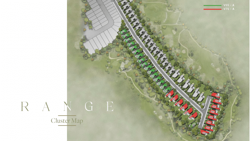 Rendu architectural aérien d'un développement résidentiel nommé « Range », comprenant de longues rangées de villas, chaque rangée étant colorée différemment en vert, rouge et gris, avec des aires de stationnement adjacentes, au milieu d'un aménagement paysager