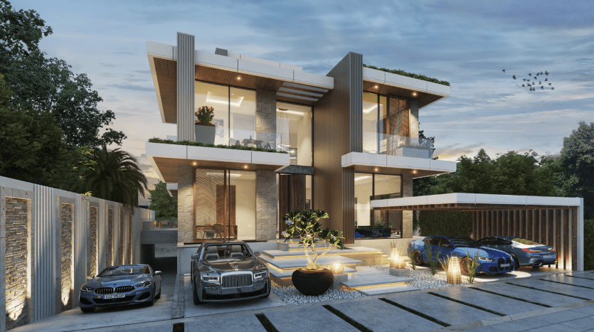 Extérieur d'une villa de luxe moderne à Dubaï au crépuscule, doté d'un patio spacieux et éclairé avec des sièges élégants à côté de voitures de luxe garées, entouré d'une verdure luxuriante et d'un ciel clair.