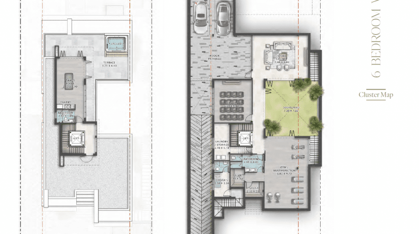 Plans architecturaux montrant une villa de 3 chambres à Dubaï, comprenant des plans d'étage détaillés pour les niveaux du sous-sol et du toit, avec des pièces étiquetées et des éléments de conception.