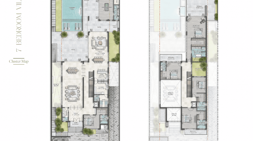 Plans d'étage architecturaux pour une villa de deux étages et 7 chambres à coucher à Dubaï. Le plan de gauche montre le rez-de-chaussée avec piscine et le plan de droite montre le premier étage. Les deux sont détaillés
