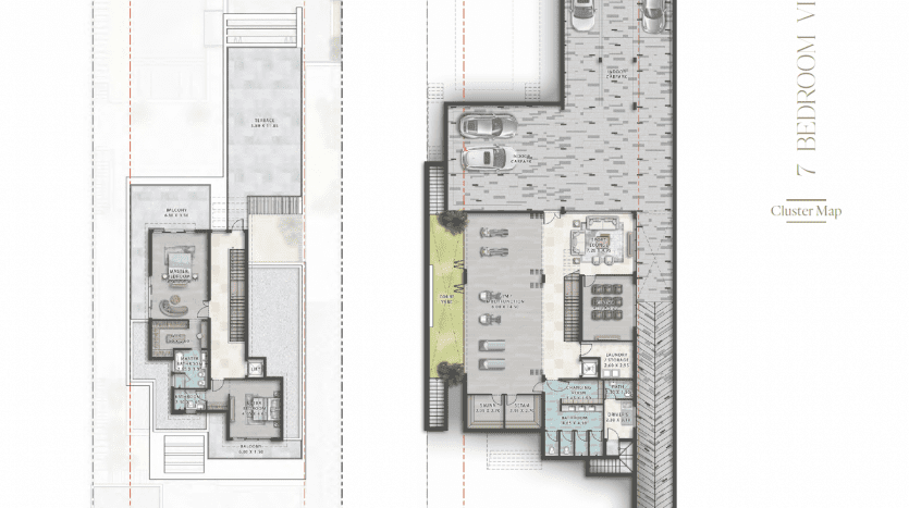 Deux dessins de plans d'étage architecturaux côte à côte, intitulés « deuxième étage » et « sous-sol » d'une villa de 7 chambres à Dubaï, montrant la disposition détaillée des pièces, y compris le mobilier et les éléments de design.