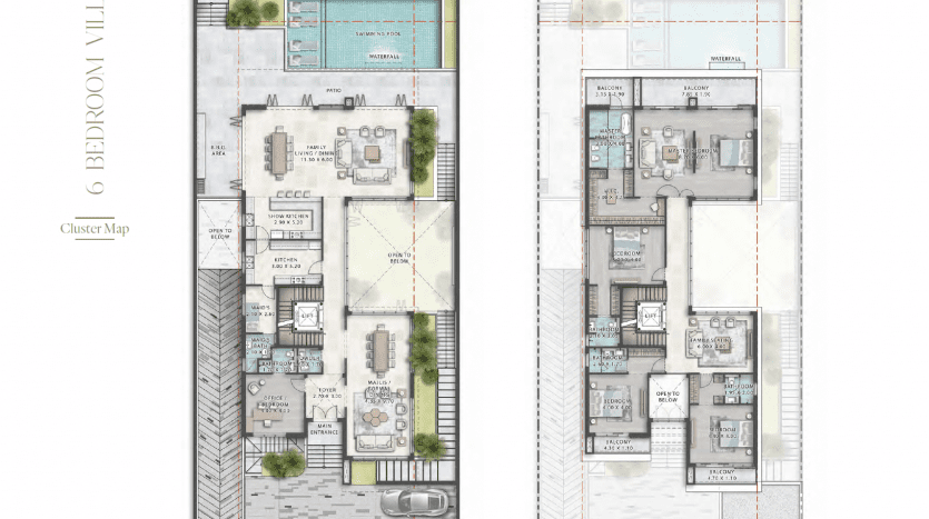 Plans architecturaux d'une villa à deux étages à Dubaï, montrant les dispositions détaillées du rez-de-chaussée et du premier étage. Le rez-de-chaussée comprend un garage, des espaces de vie et une piscine, tandis que le premier