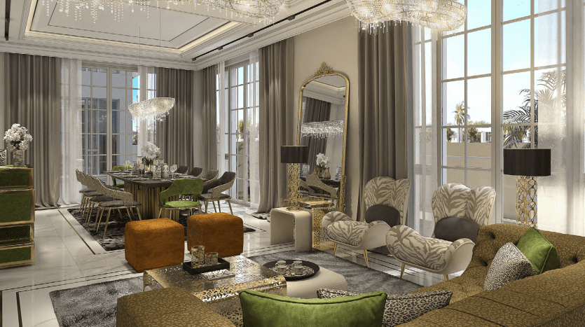 Intérieur luxueux d'un salon spacieux dans une villa à Dubaï avec des meubles élégants, de grandes fenêtres, des lustres et une décoration sophistiquée, reflétant un style de design à la fois moderne et classique.