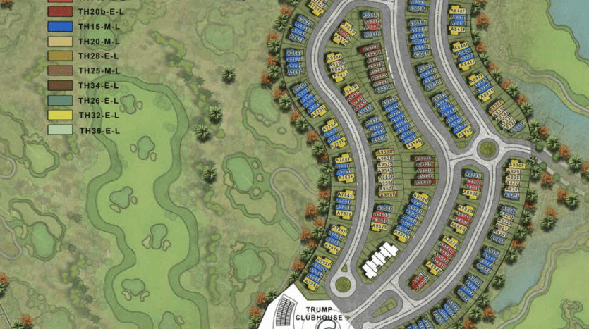 Illustration d'un plan de développement résidentiel à Dubaï montrant plusieurs villas disposées en rangées courbes autour d'un club-house central, près d'un grand étang, avec des lots étiquetés et un paysage verdoyant.