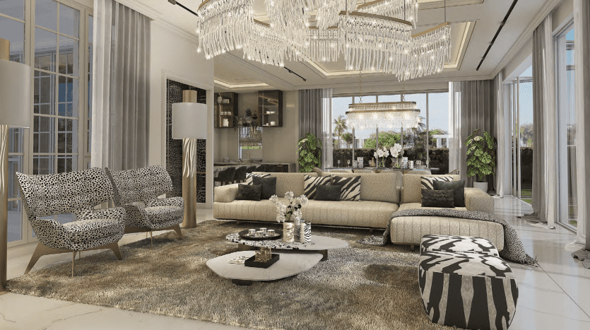 Un salon luxueux avec de grands lustres, un canapé sectionnel, des chaises à motifs et une vue sur une verdure luxuriante à travers des baies vitrées dans une propriété d'investissement à Dubaï.