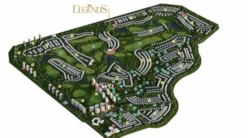 Illustration de vue aérienne du parcours de golf "The Legends" et de la communauté résidentielle de Dubaï, avec une verdure luxuriante, des sentiers sinueux, plusieurs maisons et de petits étangs.