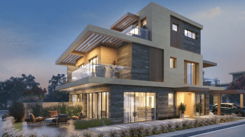 Villa moderne de deux étages à Dubaï au crépuscule, dotée de grandes fenêtres en verre, de plusieurs balcons et d'un mélange de façade en pierre et en bois. Jardin paysagé et voiture garée visibles.