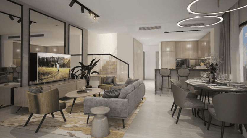 Salon et salle à manger modernes dans une villa de Dubaï avec cloison vitrée, doté d'un mobilier élégant dans des tons neutres, de grandes fenêtres offrant une vue sur la campagne et d'un éclairage élégant.