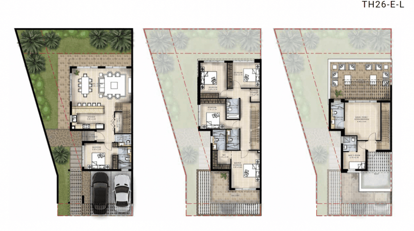 Plans d'étage architecturaux d'une maison de ville labellisée "th26-e-l" à Dubaï, montrant trois niveaux : rez-de-chaussée avec garage et entrée, premier étage avec espaces de vie et chambres, et