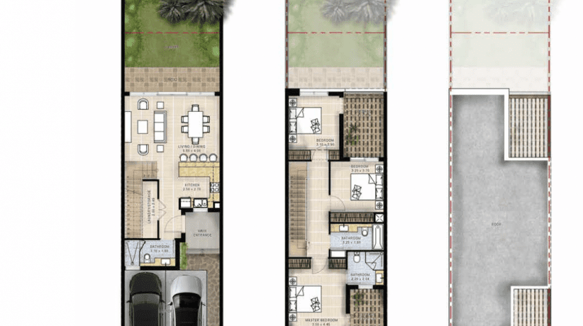 Trois plans d'étage architecturaux pour une villa à Dubaï étiquetée th14b-m-l, représentant le rez-de-chaussée avec un garage, le premier étage avec les pièces et l'aménagement, et le toit avec un espace extérieur.