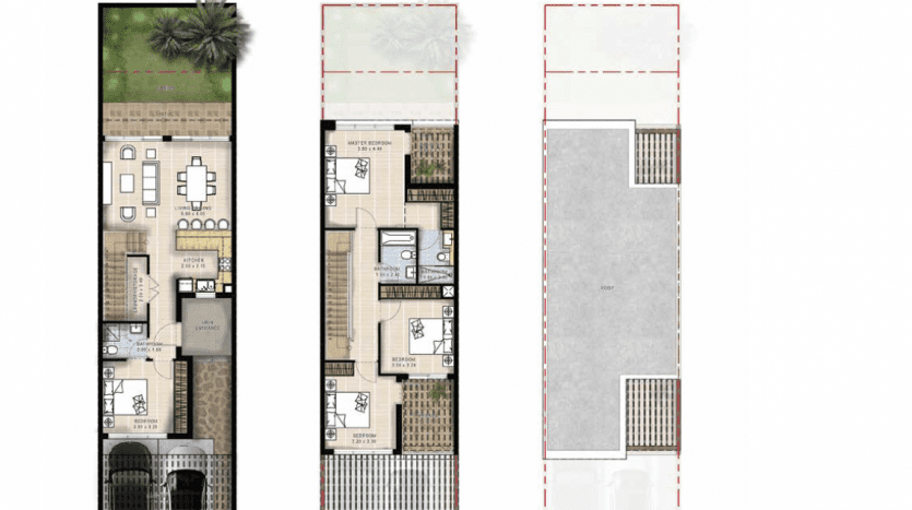 Plan architectural d'une maison de ville de 15 m de long à Dubaï, présentant trois niveaux : rez-de-chaussée avec disposition des pièces et patio, premier étage avec chambres et salles de bains, et un