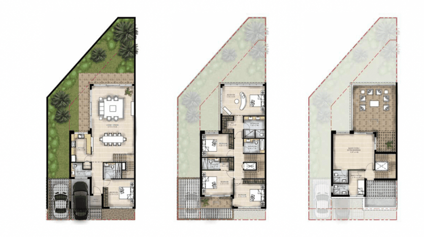 Trois plans architecturaux d'une maison de ville à Dubaï, étiquetés comme rez-de-chaussée, premier étage et toit, illustrant la disposition comprenant les pièces, les meubles et une voiture dans l'allée.