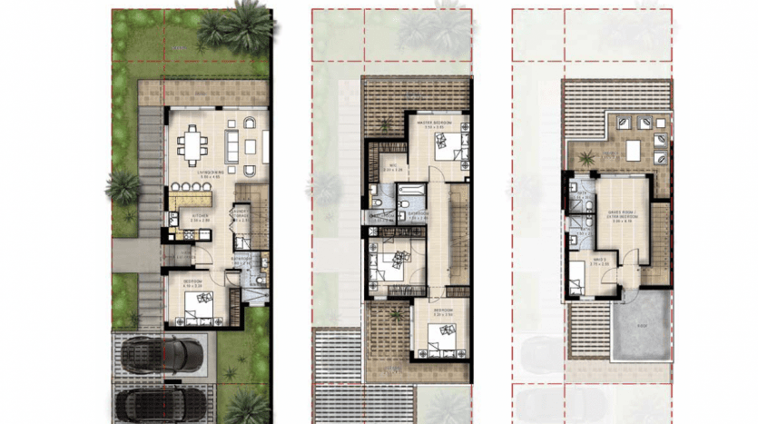 Plans d'étage architecturaux pour une maison de ville de trois étages à Dubaï, étiquetée « maison de ville th20b-e-l ». Il comprend des plans détaillés du rez-de-chaussée, du premier étage et du toit, montrant les meubles.