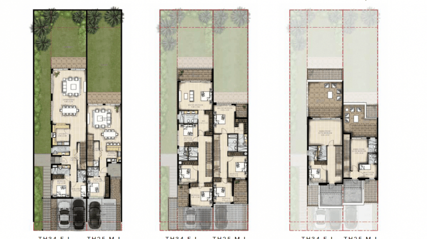 Plans d'étage architecturaux pour une villa à Dubaï montrant trois niveaux : rez-de-chaussée, premier et toit. Chaque niveau est détaillé avec la disposition des pièces, l'emplacement des meubles et des étiquettes pour plus de clarté.
