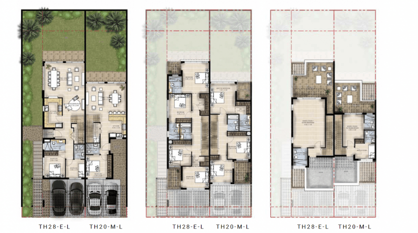 Trois plans architecturaux d'une maison de ville à Dubaï, étiquetés comme "rez-de-chaussée", "premier étage" et "toit", présentant les détails de l'agencement tels que les pièces, les meubles et la zone du toit.