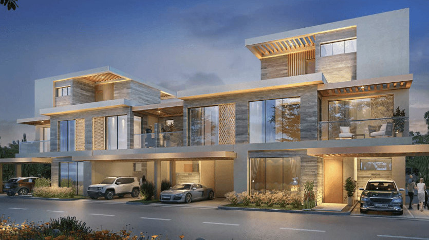 Représentation artistique d'une résidence de luxe moderne à Dubaï au crépuscule, avec de grandes fenêtres en verre, plusieurs balcons et des voitures garées, avec des gens marchant dehors.