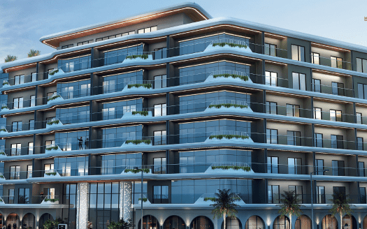 Eine moderne, mehrstöckige Villa in Dubai mit elegantem Design, die über große Balkone mit grünen Blumenkästen, Glasbalustraden und einer Mischung aus gewölbten und rechteckigen Fenstern verfügt. Die Fassade wird beleuchtet von