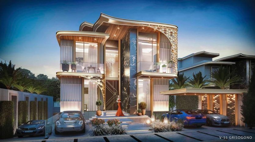 Une maison moderne à l'architecture unique avec des éléments incurvés et de grandes fenêtres en verre, éclairée au crépuscule. Deux voitures de luxe sont garées devant, mises en valeur par une agenceimmobilière Dubaï.