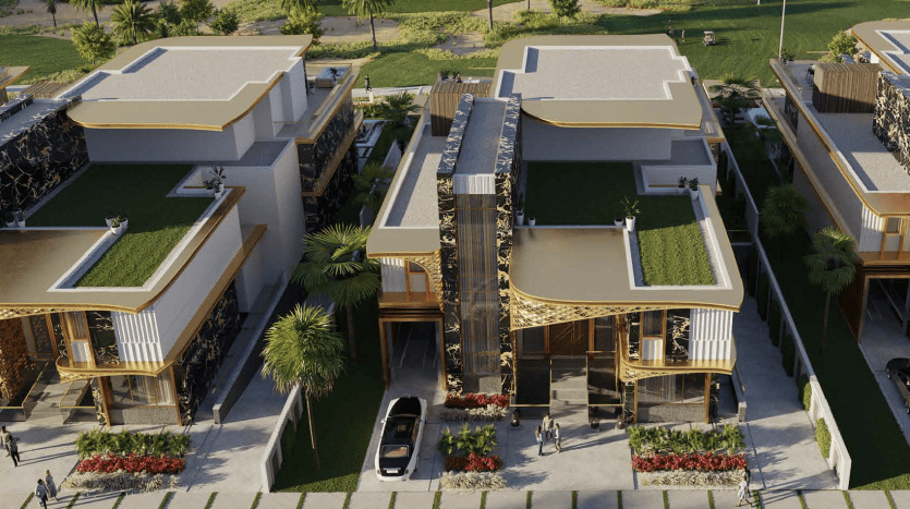 Vue aérienne d'un quartier résidentiel moderne de Dubaï avec un aménagement paysager luxuriant, des toits verts et des villas contemporaines alignées le long d'une rue, mises en valeur par un soleil couchant projetant des ombres douces.