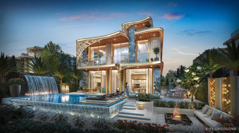 Luxueuse villa moderne à Dubaï au crépuscule, dotée de murs en verre incurvés, de plusieurs balcons et d'une cascade en cascade menant à une grande piscine entourée de jardins luxuriants.