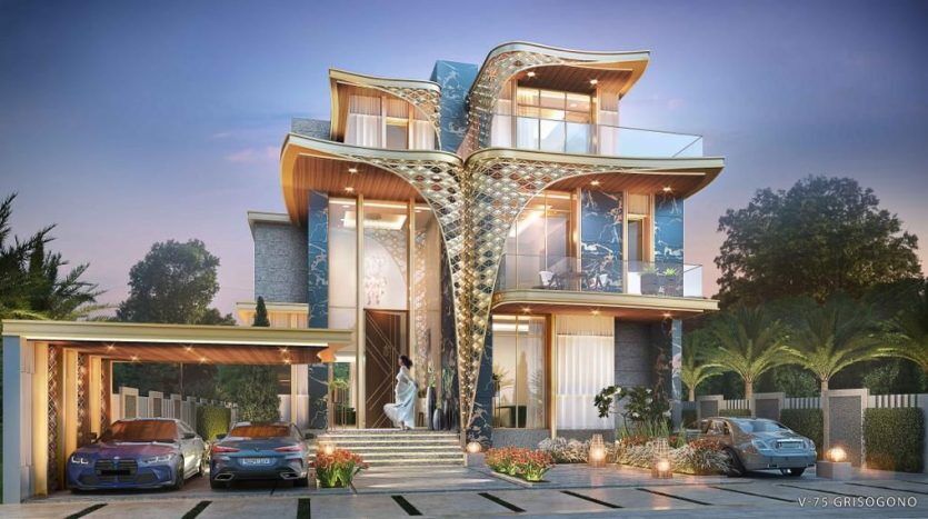 Villa de luxe moderne à Dubaï avec un design incurvé unique, avec de grandes fenêtres en verre, deux balcons et une façade décorée. Deux voitures sont garées devant, renforçant l'ambiance haut de gamme au crépuscule.