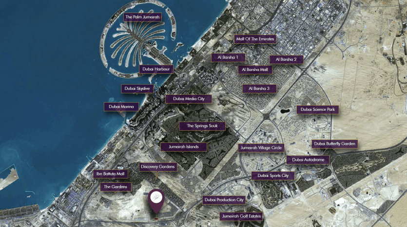 Vue aérienne de Dubaï montrant des monuments clés tels que Palm Jumeirah, la marina de Dubaï, divers centres commerciaux, quartiers et villas de premier plan de Dubaï, avec des étiquettes sur chaque site important.