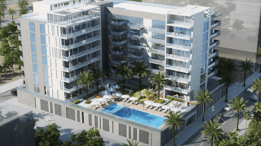 Vue aérienne d'un complexe résidentiel moderne à Dubaï avec une grande piscine centrale et des jardins paysagers entourés de palmiers.