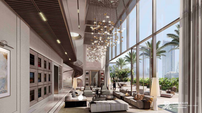 Luxurious lobby with high ceilings, modern chandeliers, luxurious seating and large windows featuring a cityscape. Elegant shelving and stylish decorative elements embrace Dubai's sophisticated ambience,