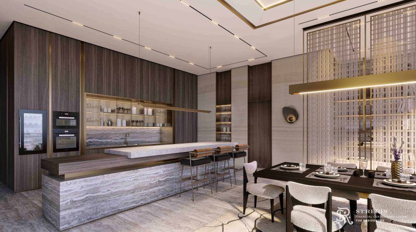 Modern kitchen in a Dubai apartment with a bar-style lounge area featuring elegant marble countertops, dark wood cabinetry, sleek pendant lights and a sophisticated dining area with plush chairs.