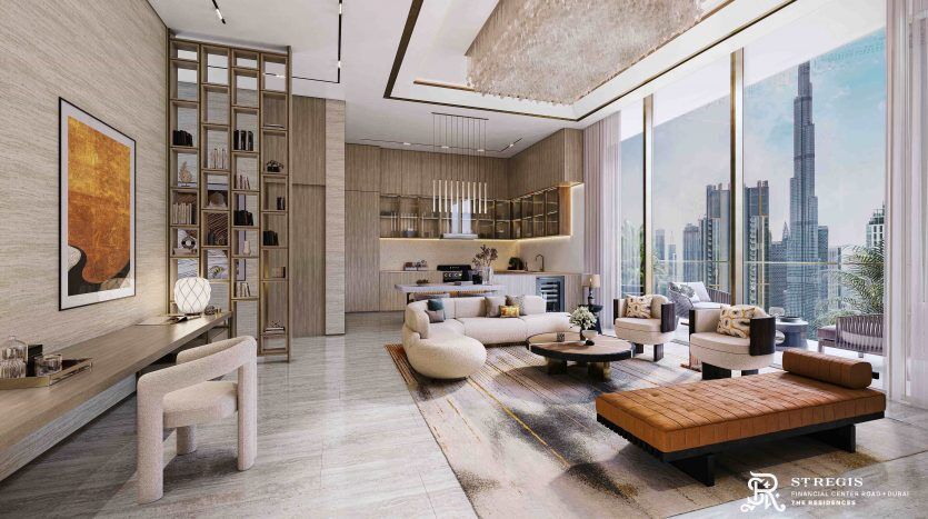 A luxurious living room with modern decor, featuring a sitting area, wall art and a large window showing the Dubai skyline. The room combines wood, glass and sumptuous fabrics for a sophisticated look.