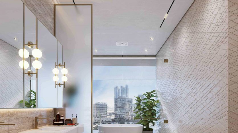 A modern bathroom with a large window offering city views. Features include a freestanding bathtub, double vanity and textured wall tiles. Elegant pendant lights add a touch of luxury, ideal