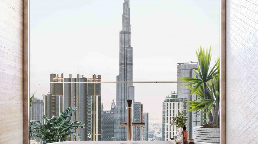 A luxurious bathroom in a Dubai villa, featuring a large white bathtub filled with water and scattered rose petals. The room has a large window offering a breathtaking view of the city's rooftops and towering skyscrapers.